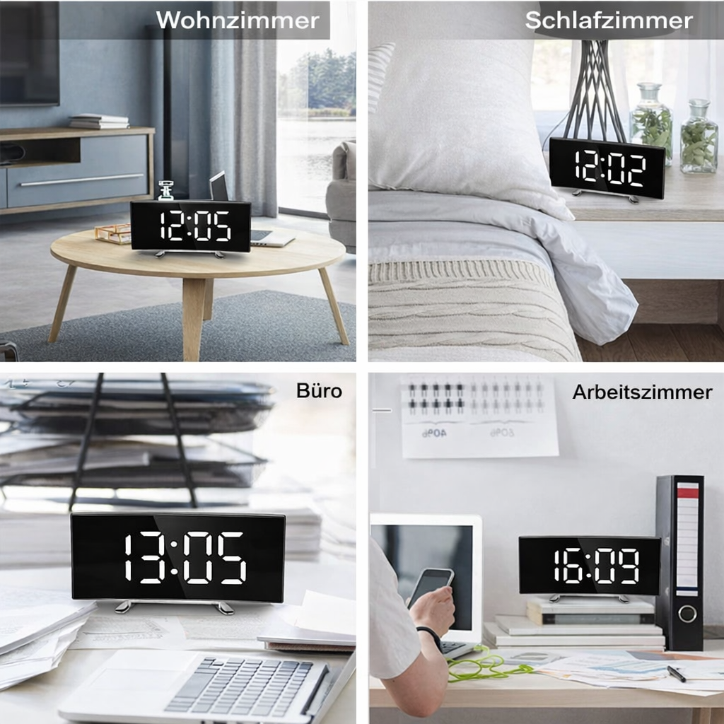 ساعة رقمية | شاشة LED مرآة لعرض المنبّه | تعتيم تلقائي مضاد للتوهج | CurveClock - Lamylie