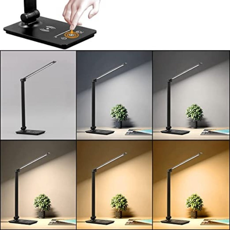 Skrivebordslampe med trådløs opladningsstation og touchstyring | Dæmpbart LED-lys med 5 farvetilstande og sammenklappeligt design - Lamylie