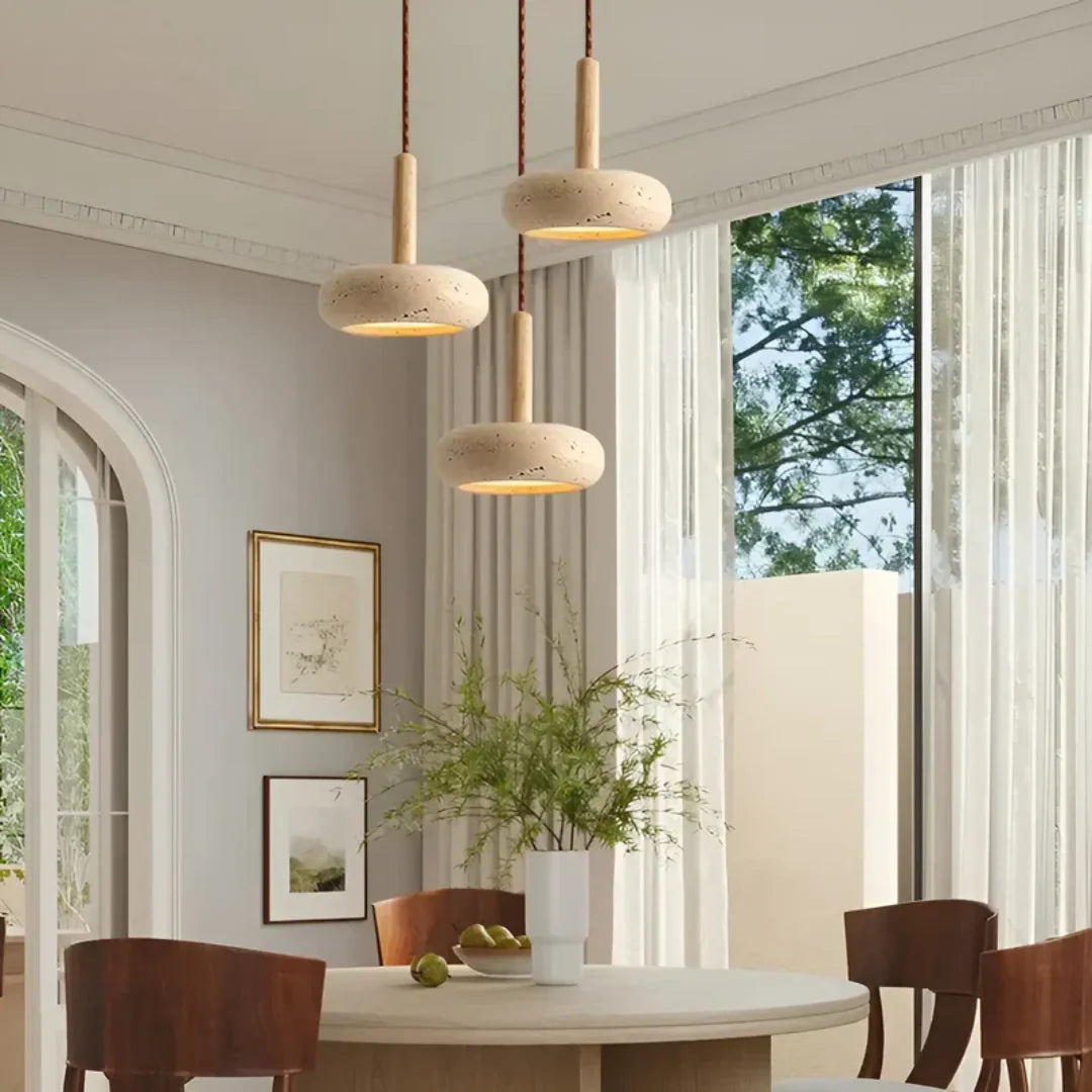 Travertine Hanging Light with Wooden Accent – Adjustable Cord, Warm Glow - Lamylie