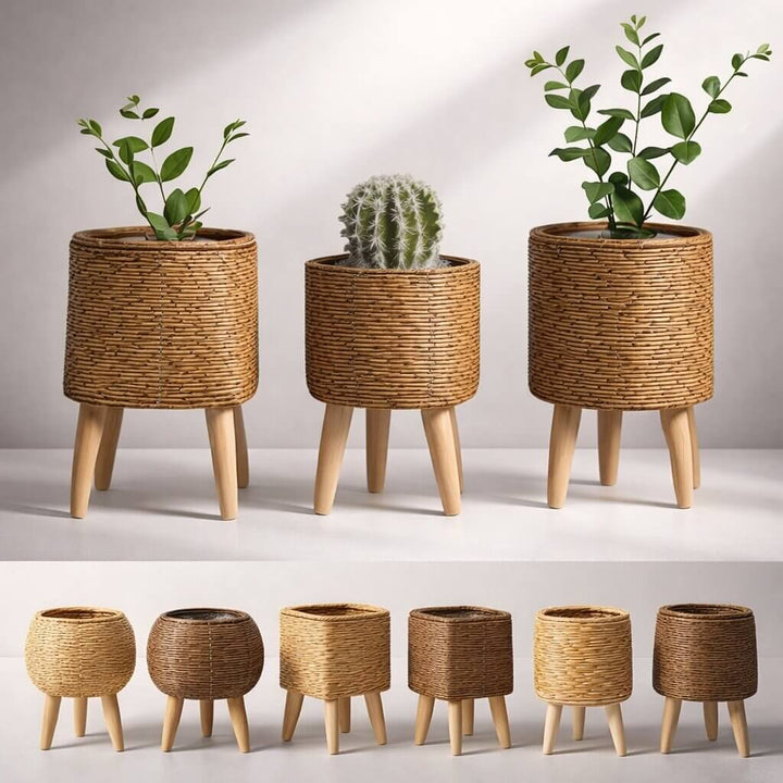 Pot pour plantes avec support en bois | Texture de panier tressé | Convient à l’intérieur comme à l’extérieur | Plantara - Lamylie