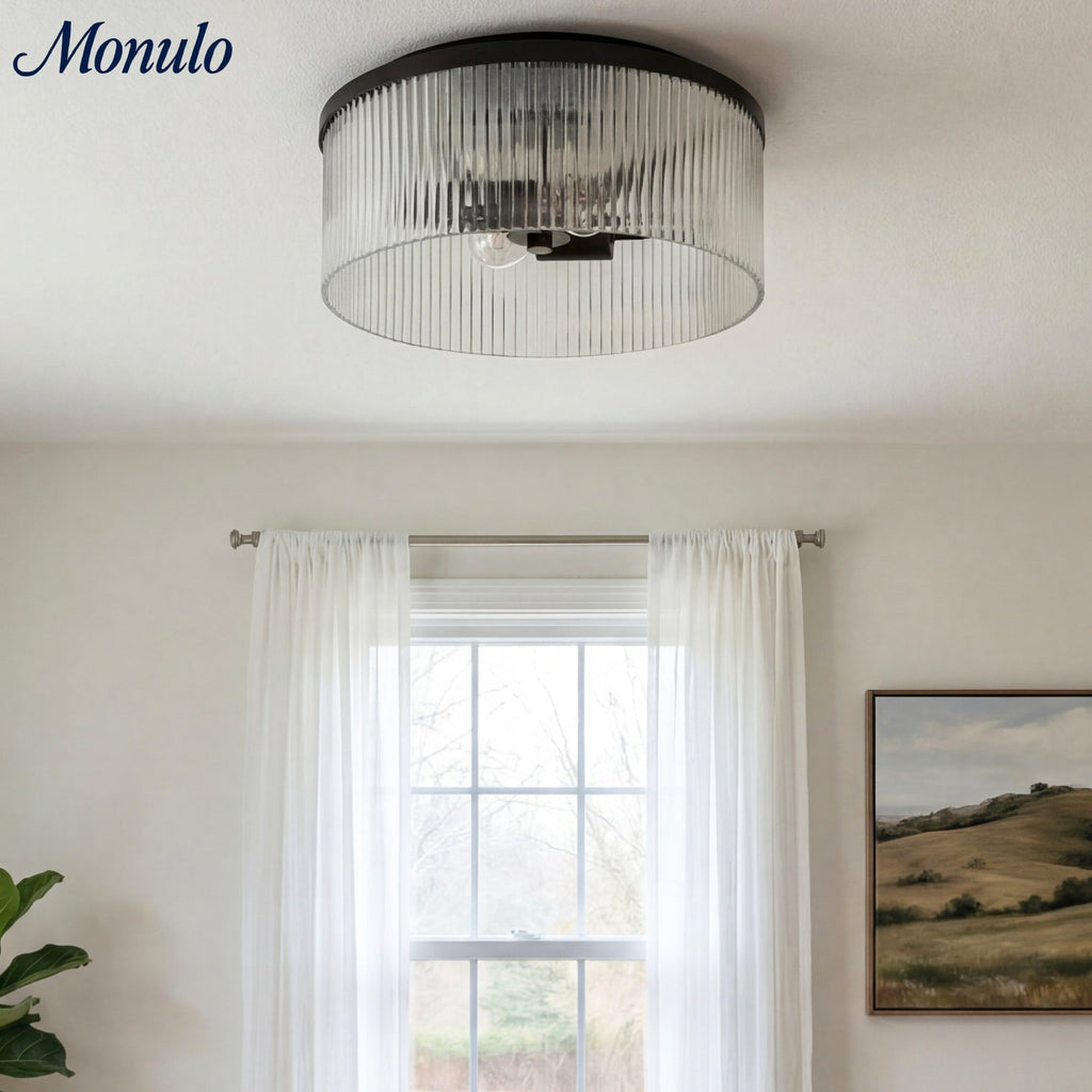 Ribbed Glass Ceiling Lamp Modern Low-Profile Design Bedroom Living Room Hall - Lamylie