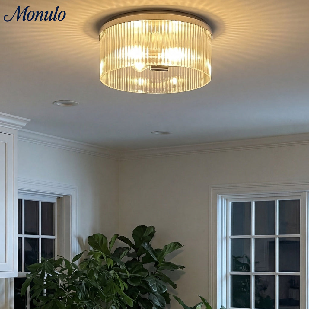 Ribbed Glass Ceiling Lamp Modern Low-Profile Design Bedroom Living Room Hall - Lamylie