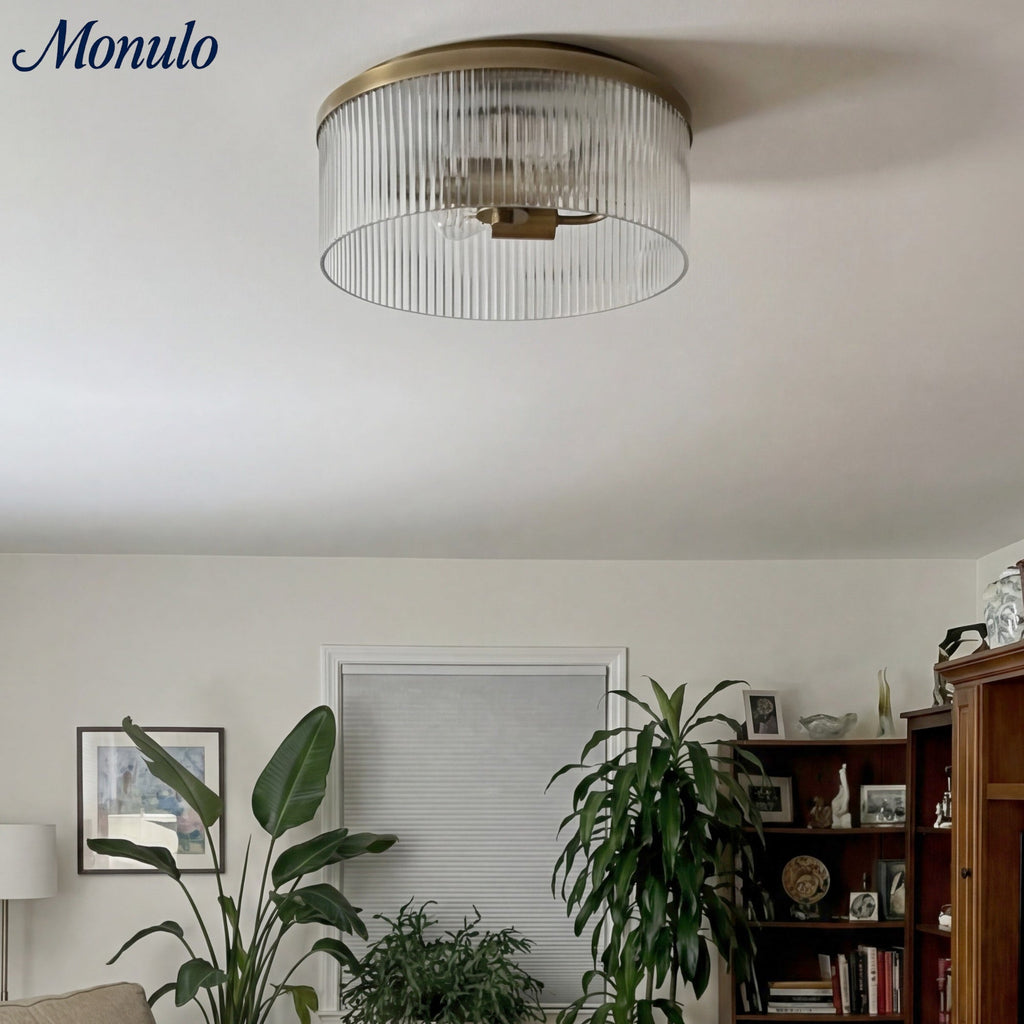 Ribbed Glass Ceiling Lamp Modern Low-Profile Design Bedroom Living Room Hall - Lamylie