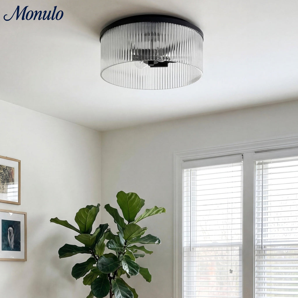 Ribbed Glass Ceiling Lamp Modern Low-Profile Design Bedroom Living Room Hall - Lamylie