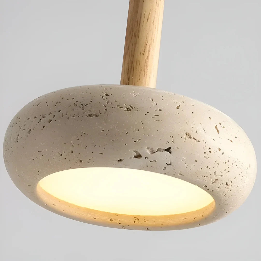 Travertine Hanging Light with Wooden Accent – Adjustable Cord, Warm Glow - Lamylie