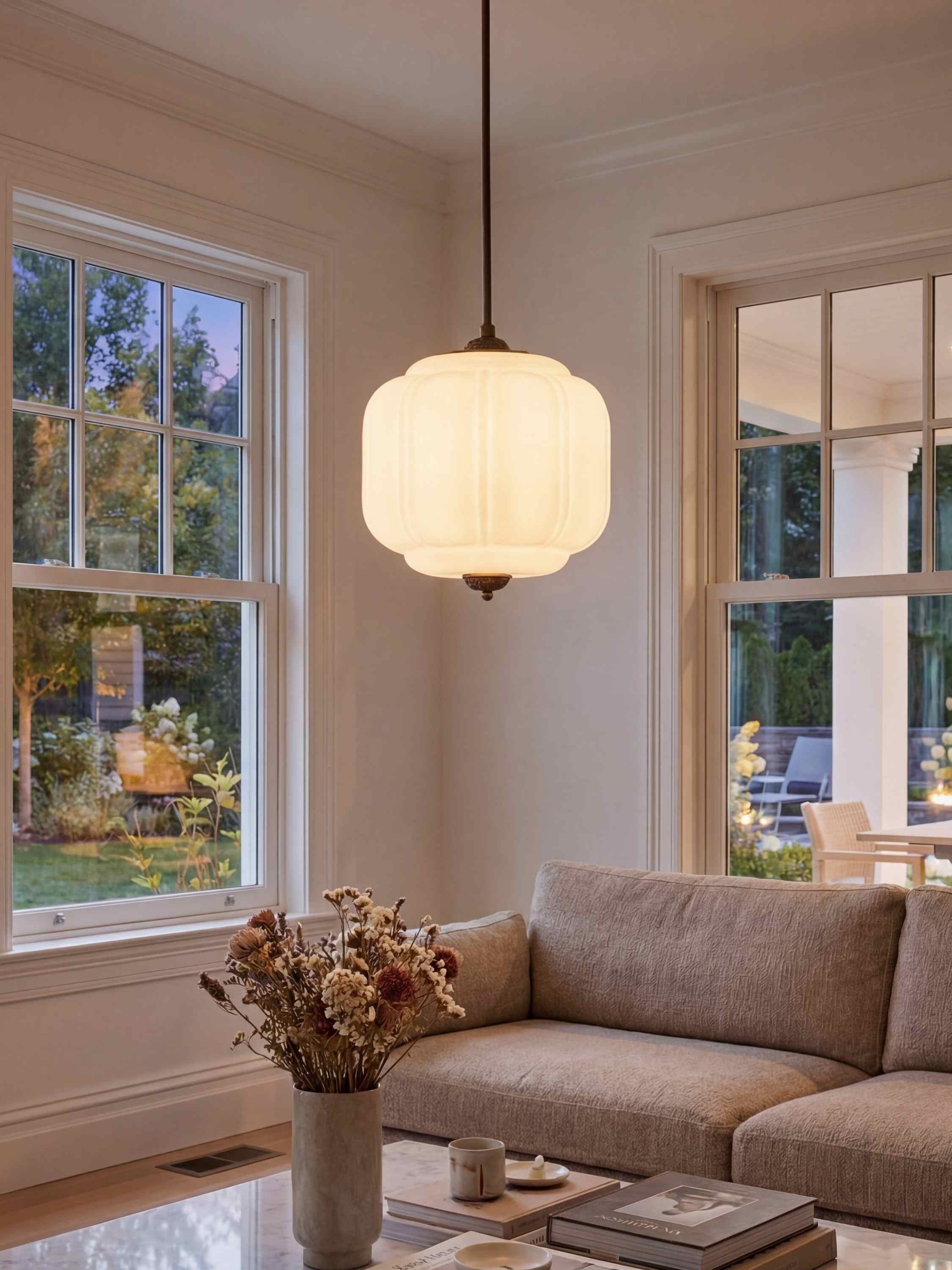 Vintage Chandelier with Cream-Colored Glass Shades | Retro-Style Pendant Lamp for Dining Room & Living Room - Lamylie