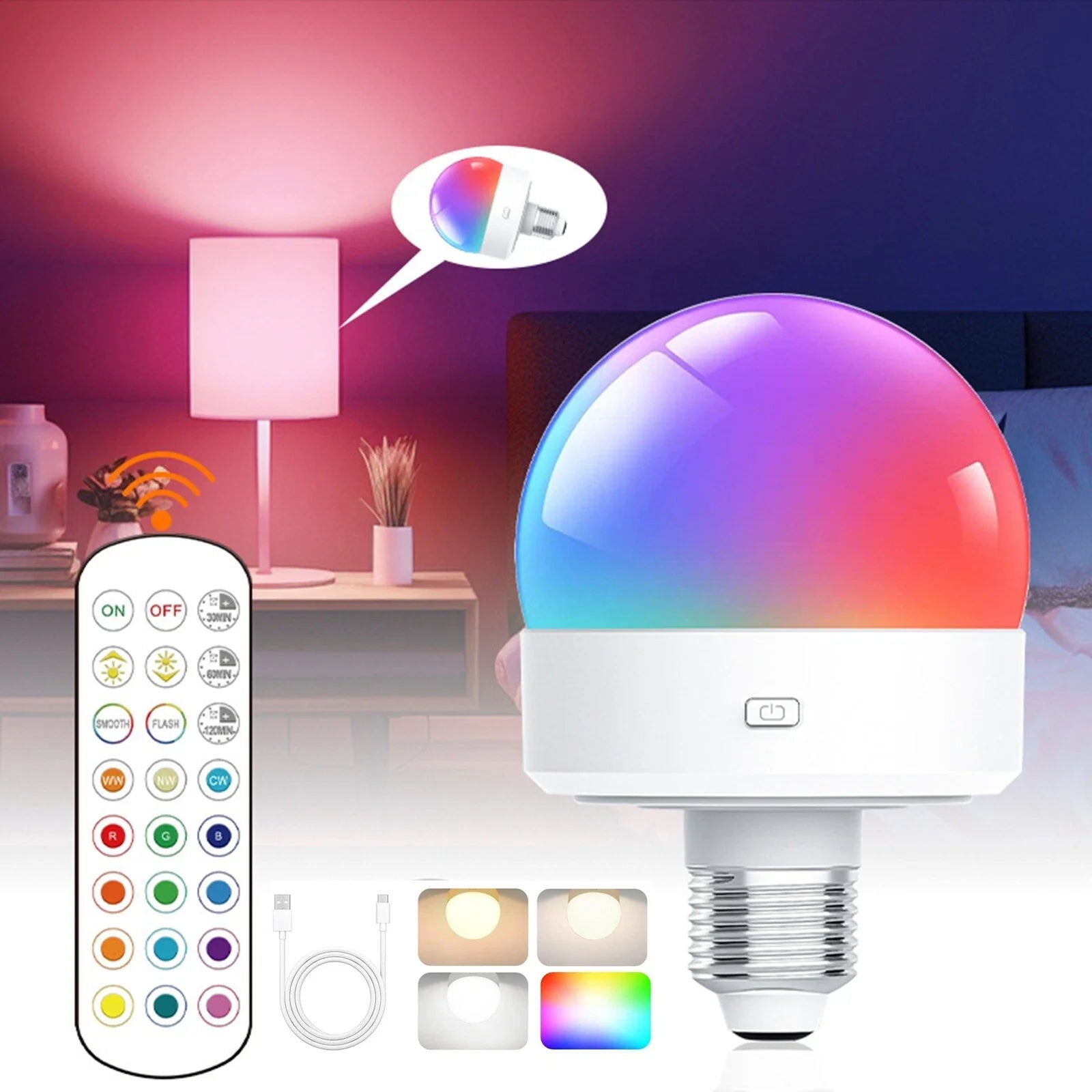 Wiederaufladbare E27 RGB LED-Lampe mit Fernbedienung – kabellose Installation - Lamylie
