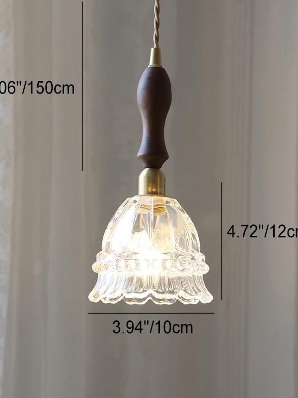 French Country Pendant Lamp Glass Shade Jellyfish Design Transparent or Amber with Walnut Handle Ambient Lighting Dining Room Elegant Ceiling Lamp - Lamylie