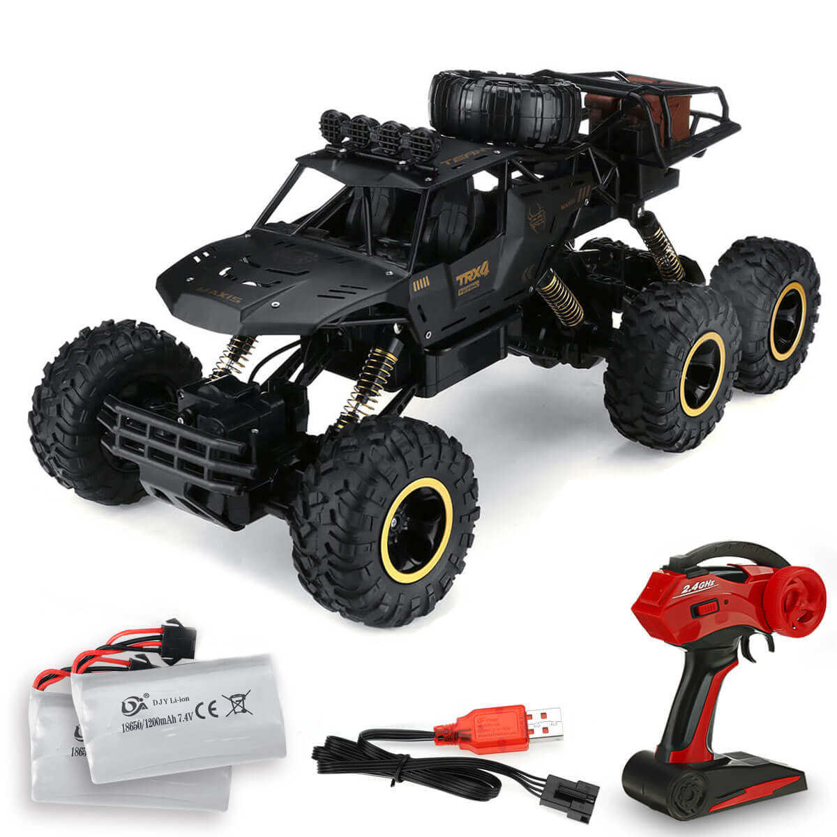 Mașină monstru RC de teren cu 6 roți și telecomandă de 2.4 GHz | Viteză de până la 52 km/h | Include 2 baterii pentru copii și pasionații de modele RC - Lamylie