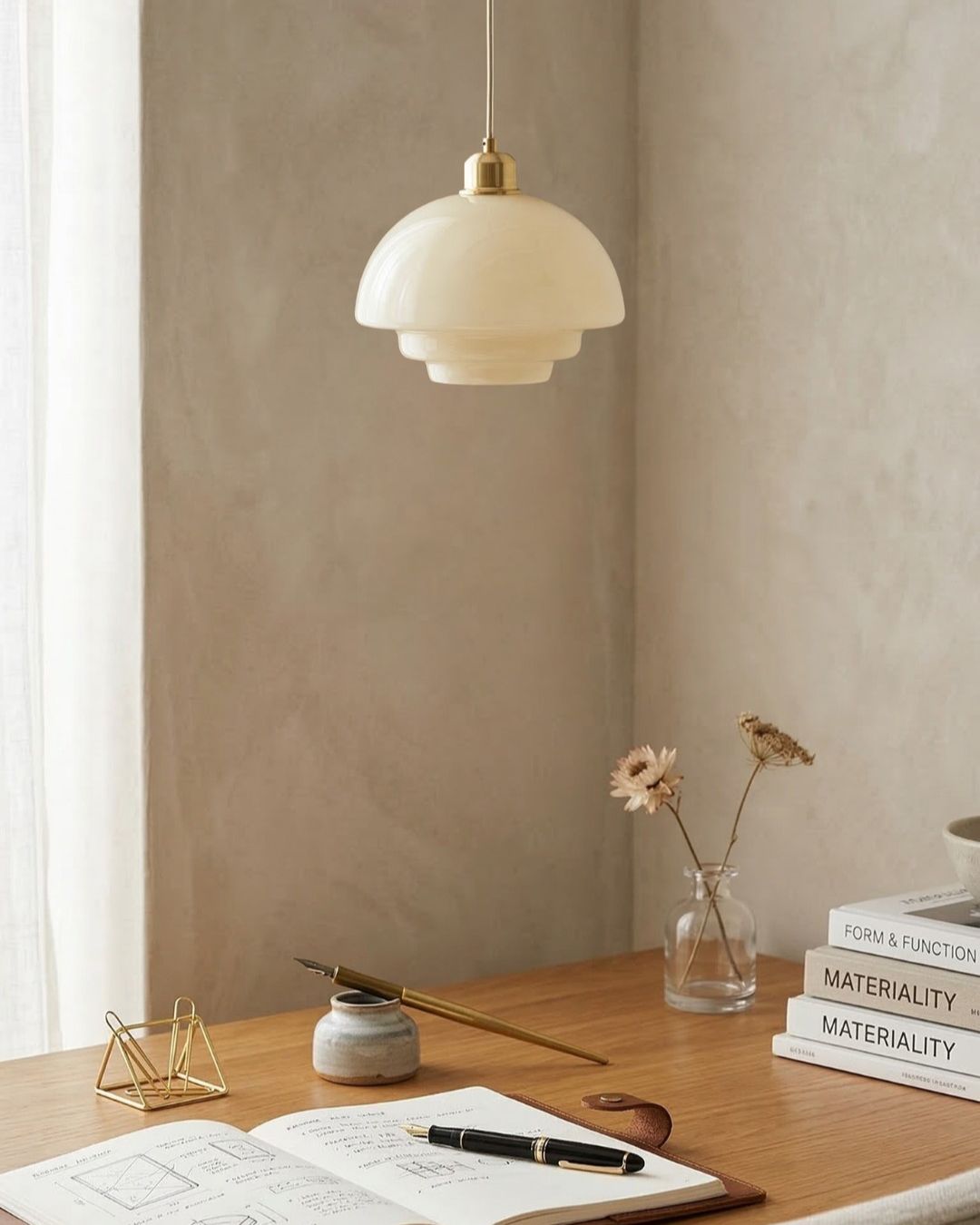 TINA Pendant Lamp | Mid-Century Milk White Glass with Brushed Brass | Modern Dining & Kitchen Lighting | Adjustable | E27 Socket - Lamylie
