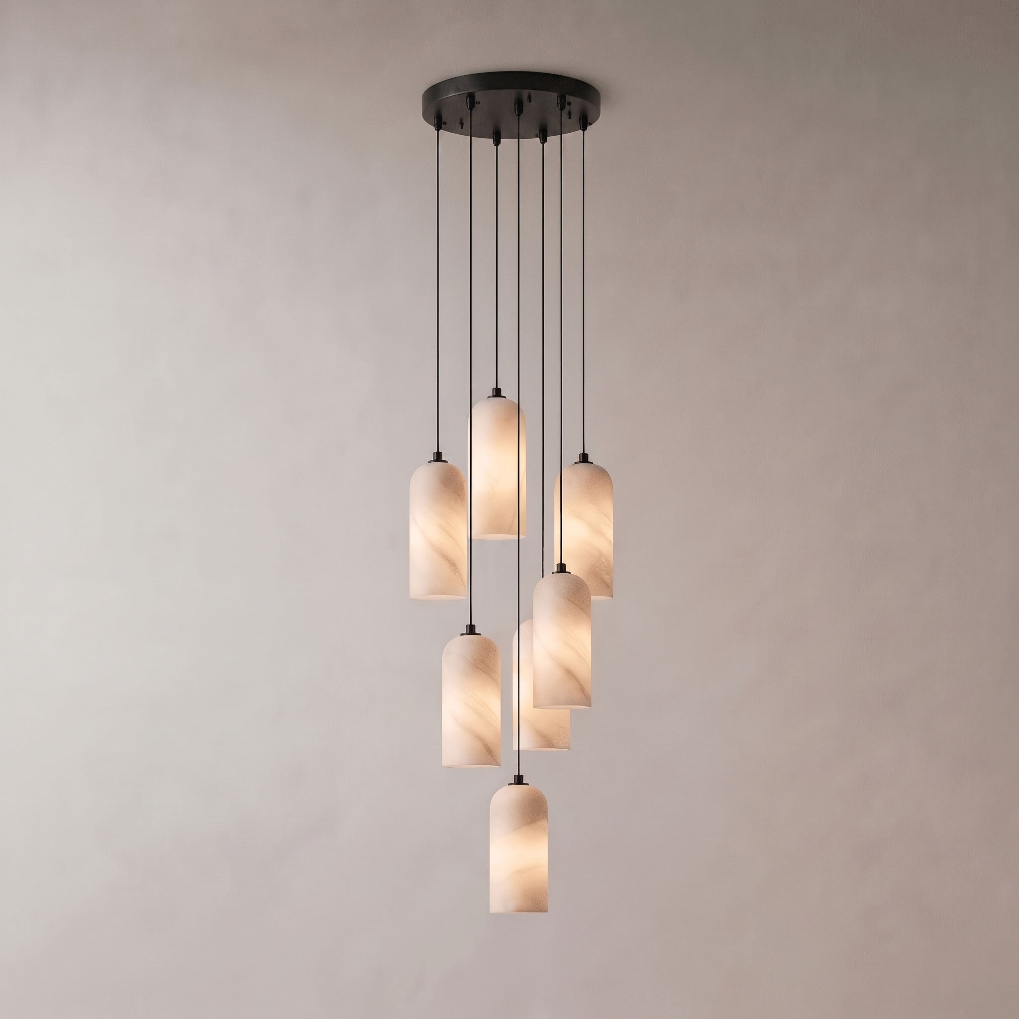 Alabaster Pendant Lamp with Braided Cord | Natural Stone Lighting from Single Light to 21-Light Cluster | Mid-Century Modern Style Dining Room Pendant Lamp with E12/E14 Fitting - Lamylie