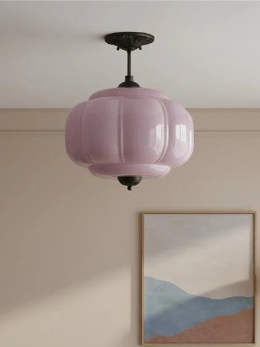Vintage Milk Glass Ceiling Lamp Scalloped Edge White Pink Green Blue Clear Matte Glass Semi-Flush Pendant Lamp Brass Black Finish - Lamylie
