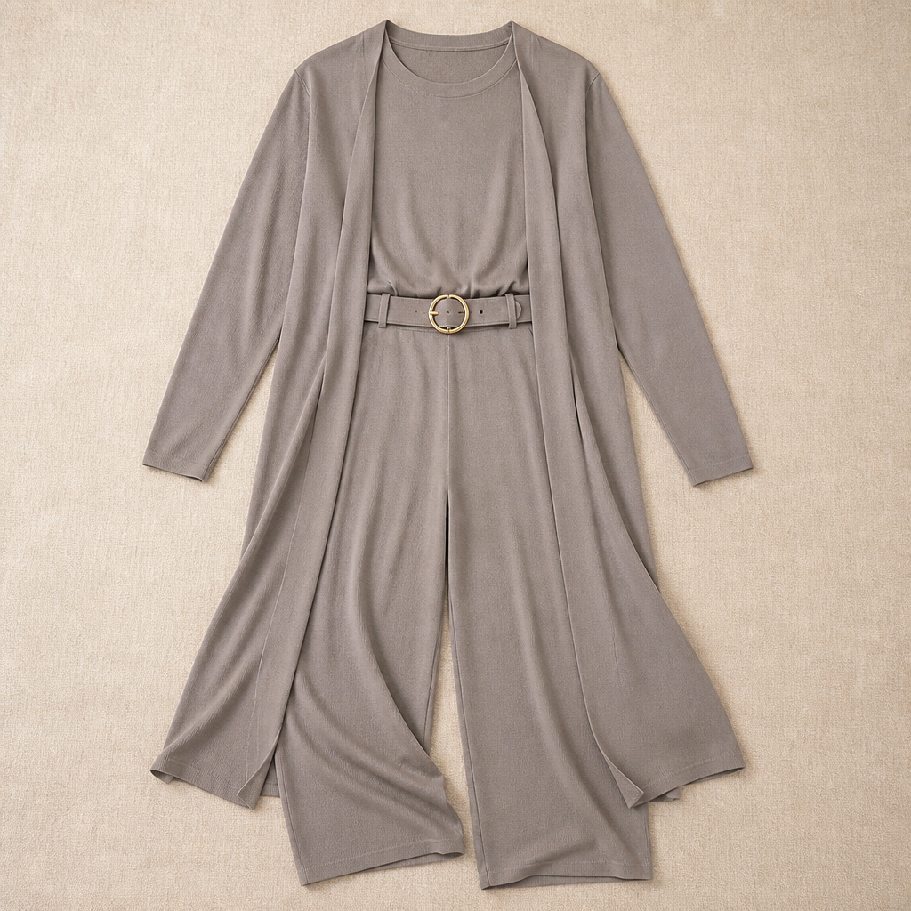 elegant 3-piece set featuring long cardigan, top, and pants 3 - Lamylie