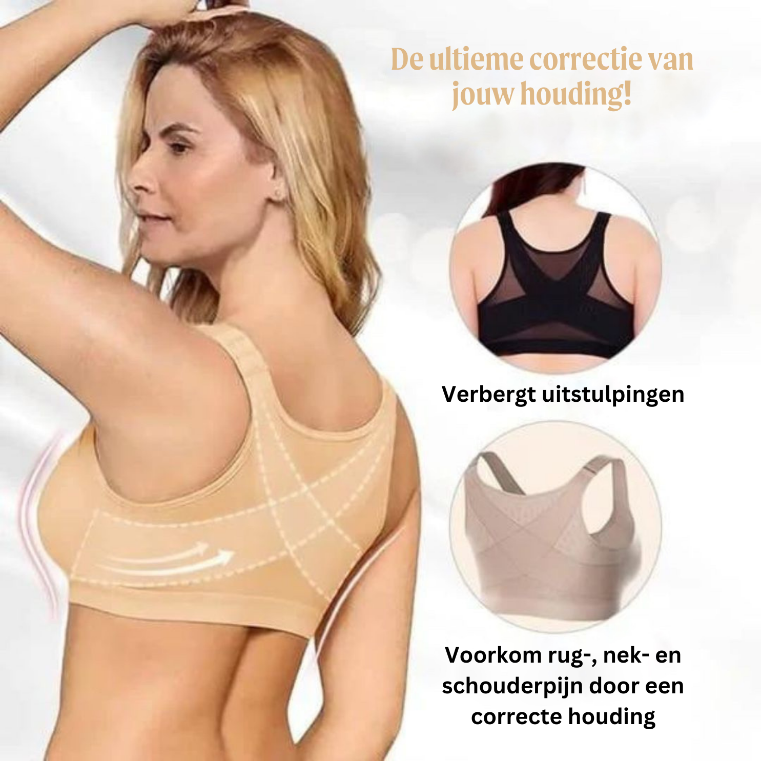 Komfort-bh som korrigerar hållningen, med framknäppning, svart beige vit – Lamylie