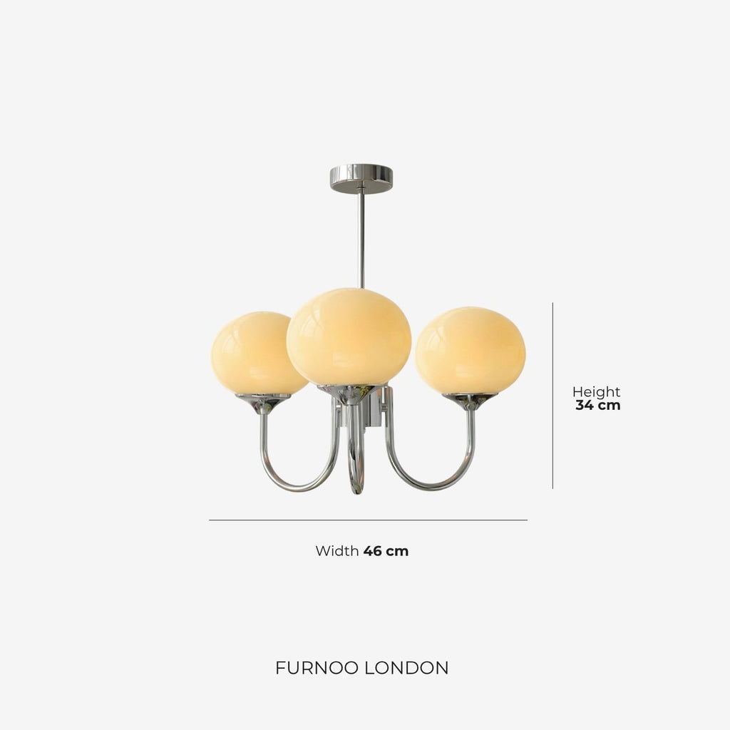 Mid-Century Glass Chandelier with Globe Shades and Polished Metal Finish | Available in Copper and Chrome with Colored Glass | 3 or 5 Arms with Adjustable Rod System - Lamylie