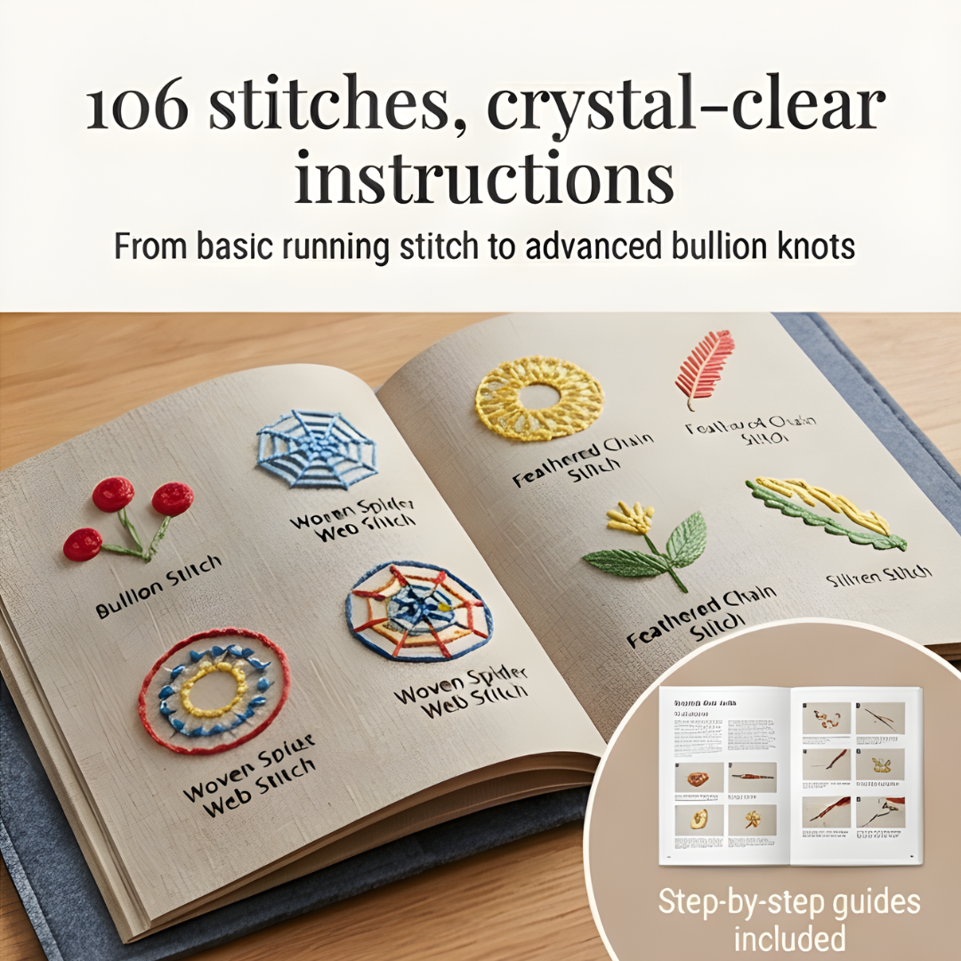 Vyšívání - Sada knih s 106 vzory stehů krok za krokem - Procvičování na lněných stránkách - StitchLibrary - Lamylie