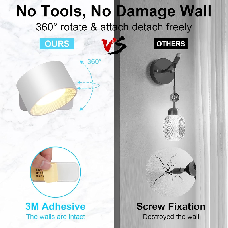 Rechargeable LED Wall Lamp with 360° Rotatable Head – Touch Sensor, Wire-Free Installation - Lamylie