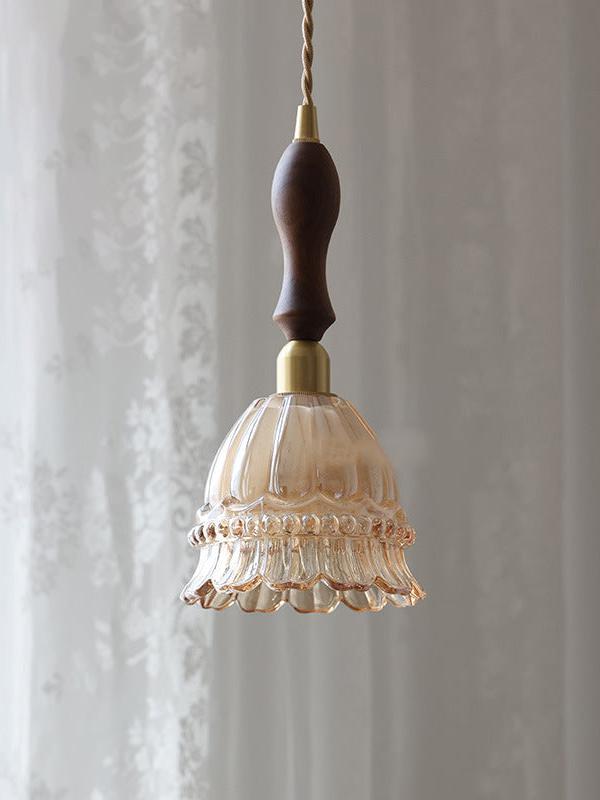 French Country Pendant Lamp Glass Shade Jellyfish Design Transparent or Amber with Walnut Handle Ambient Lighting Dining Room Elegant Ceiling Lamp - Lamylie