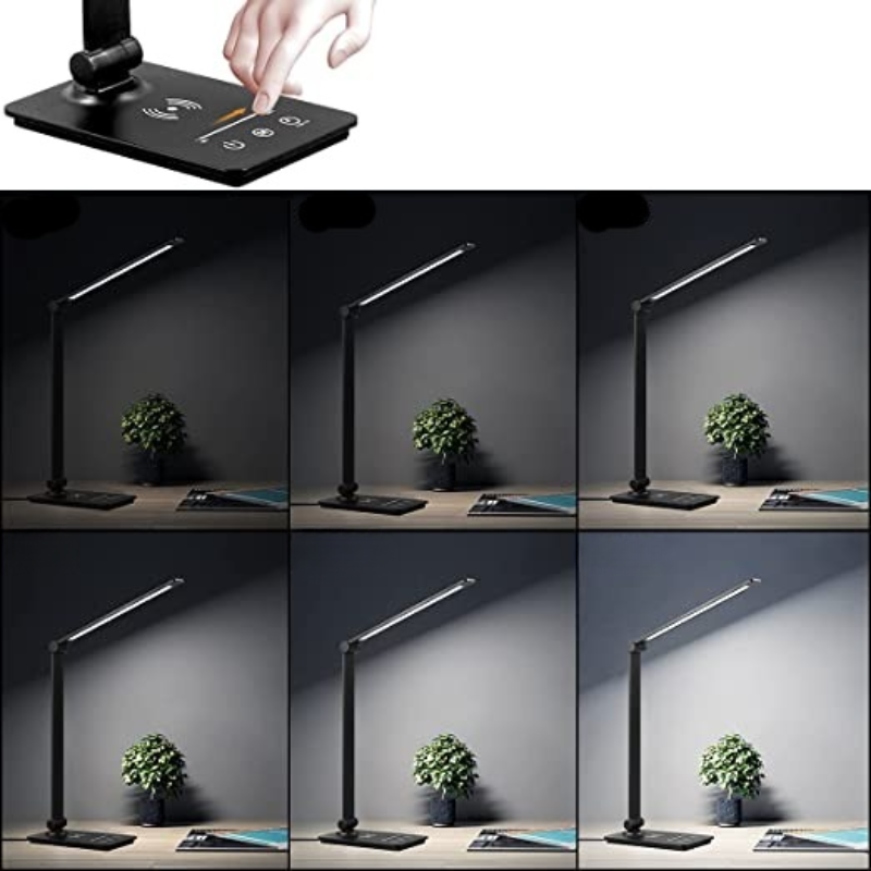 Skrivebordslampe med trådløs opladningsstation og touchstyring | Dæmpbart LED-lys med 5 farvetilstande og sammenklappeligt design - Lamylie
