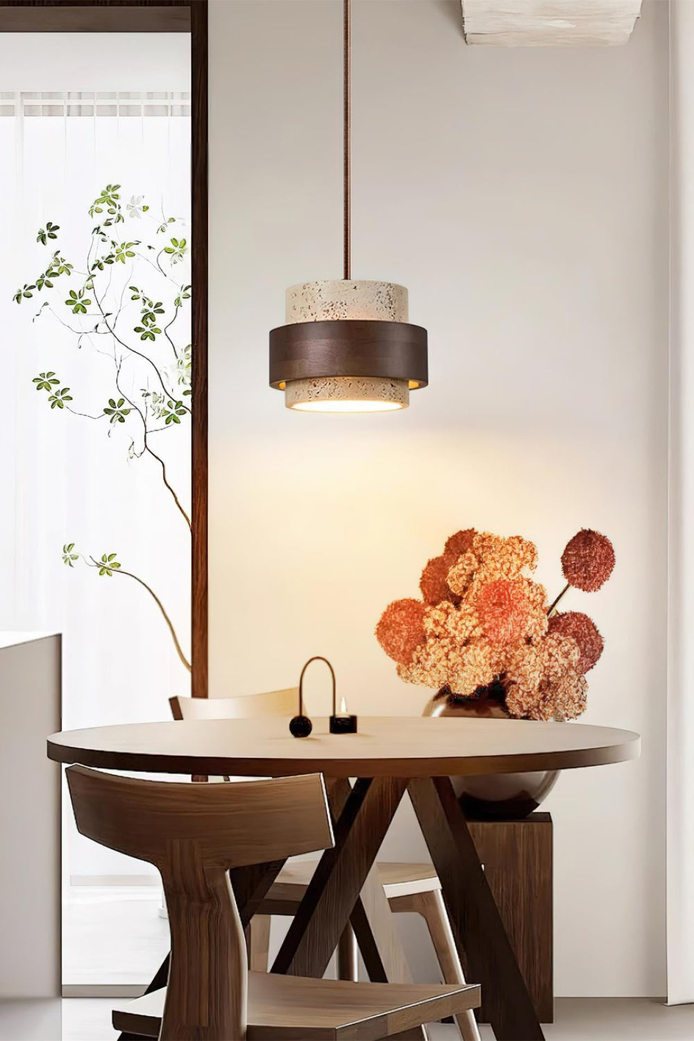 Holzpendelleuchte mit Travertin-Finish | Organische Lichtquelle für Esszimmer und Wohnzimmer - Lamylie