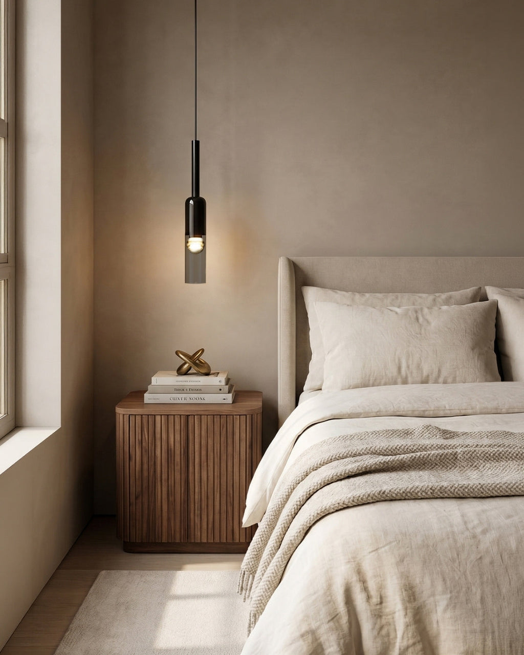 Smoked Glass Pendant Lamp with Minimalist Metal Structure | Modern Ambient Lighting for Dining Room, Bedroom, and Living Room - Lamylie