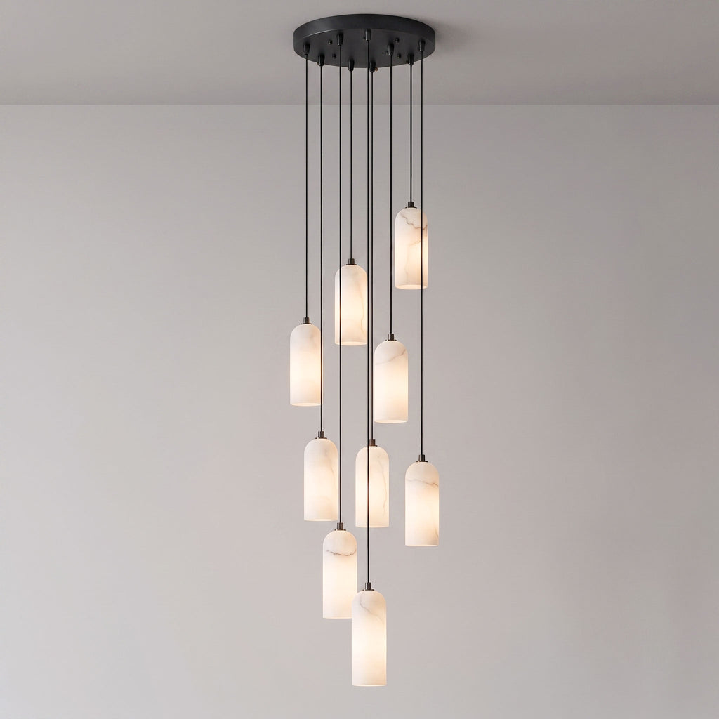 Alabaster Pendant Lamp with Braided Cord | Natural Stone Lighting from Single Light to 21-Light Cluster | Mid-Century Modern Style Dining Room Pendant Lamp with E12/E14 Fitting - Lamylie