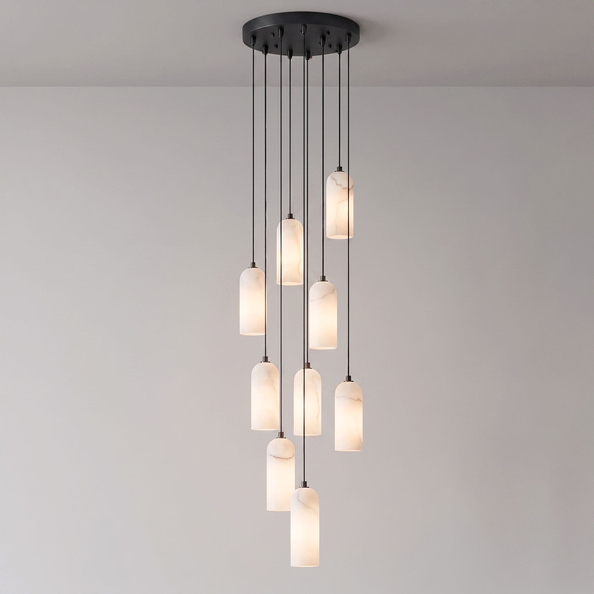 Alabaster Pendant Lamp with Braided Cord | Natural Stone Lighting from Single Light to 21-Light Cluster | Mid-Century Modern Style Dining Room Pendant Lamp with E12/E14 Fitting - Lamylie