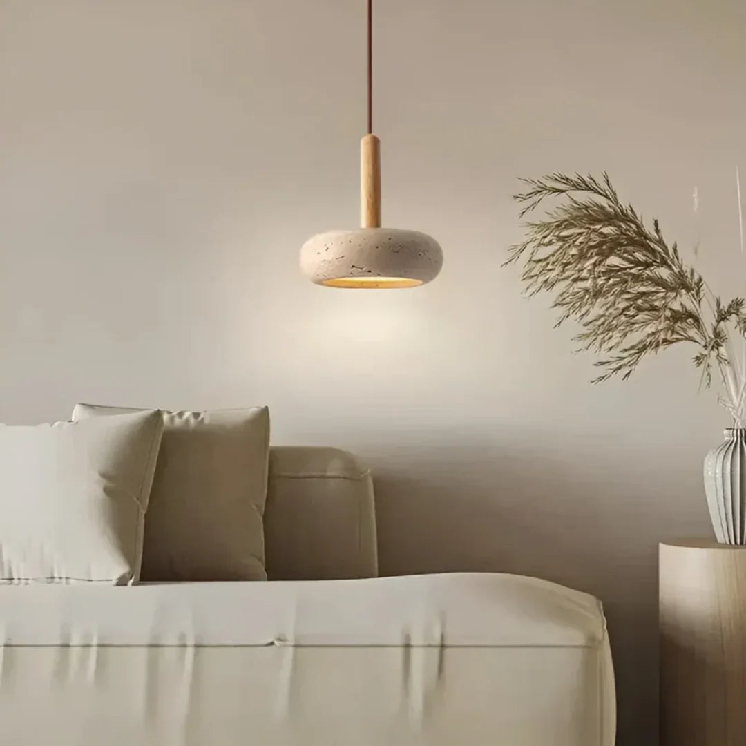 Travertine Hanging Light with Wooden Accent – Adjustable Cord, Warm Glow - Lamylie