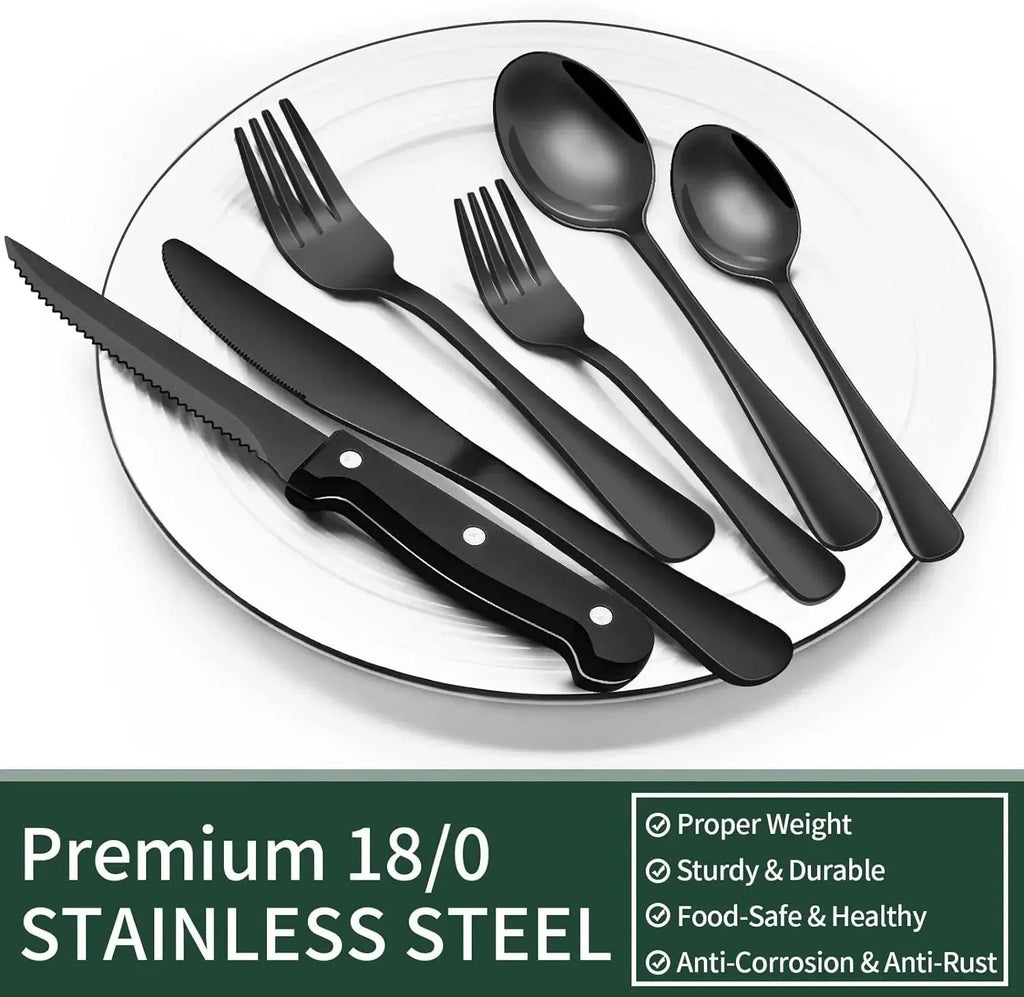 Besteckset | 24-teiliges Design in Mattschwarz | Inklusive Steakmesser | CutleryCraft - Lamylie