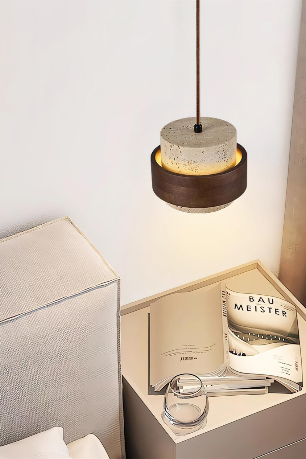 Holzpendelleuchte mit Travertin-Finish | Organische Lichtquelle für Esszimmer und Wohnzimmer - Lamylie
