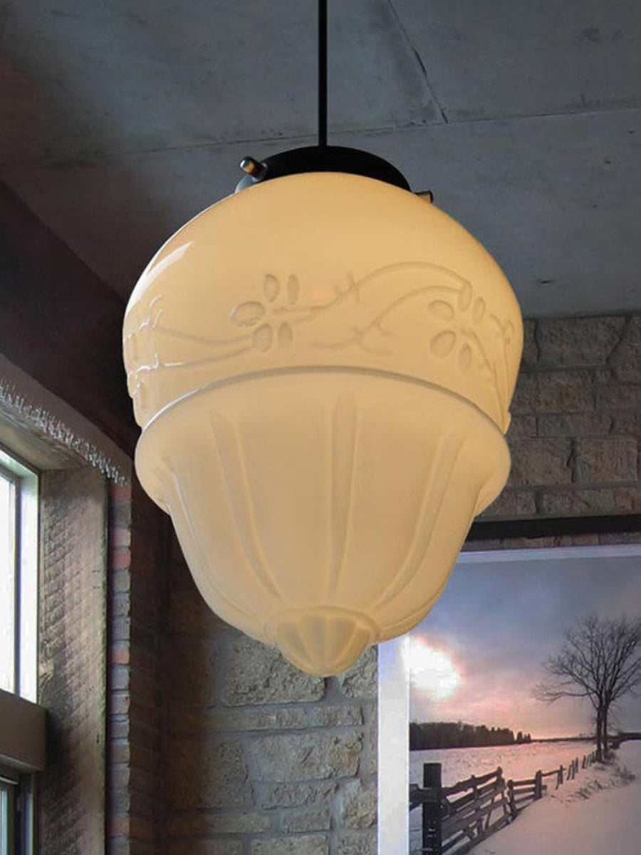 Vintage Art Deco Milk Glass Pendant Lamp with Striped Shade for Dining Room and Living Area - Lamylie
