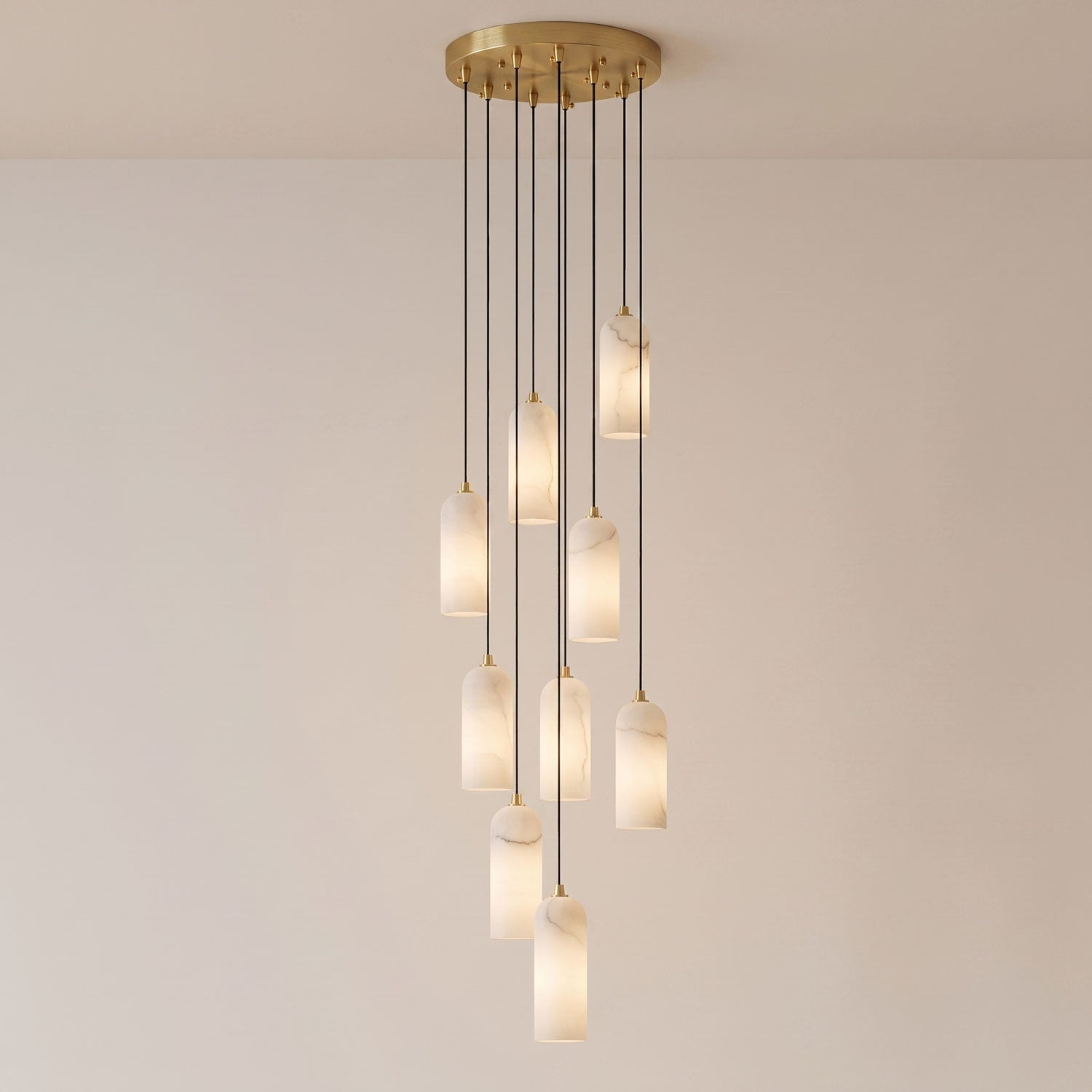 Alabaster Pendant Lamp with Braided Cord | Natural Stone Lighting from Single Light to 21-Light Cluster | Mid-Century Modern Style Dining Room Pendant Lamp with E12/E14 Fitting - Lamylie