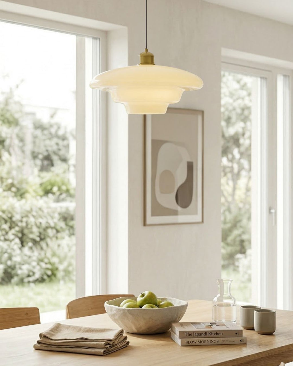TINA Pendant Lamp | Mid-Century Milk White Glass with Brushed Brass | Modern Dining & Kitchen Lighting | Adjustable | E27 Socket - Lamylie