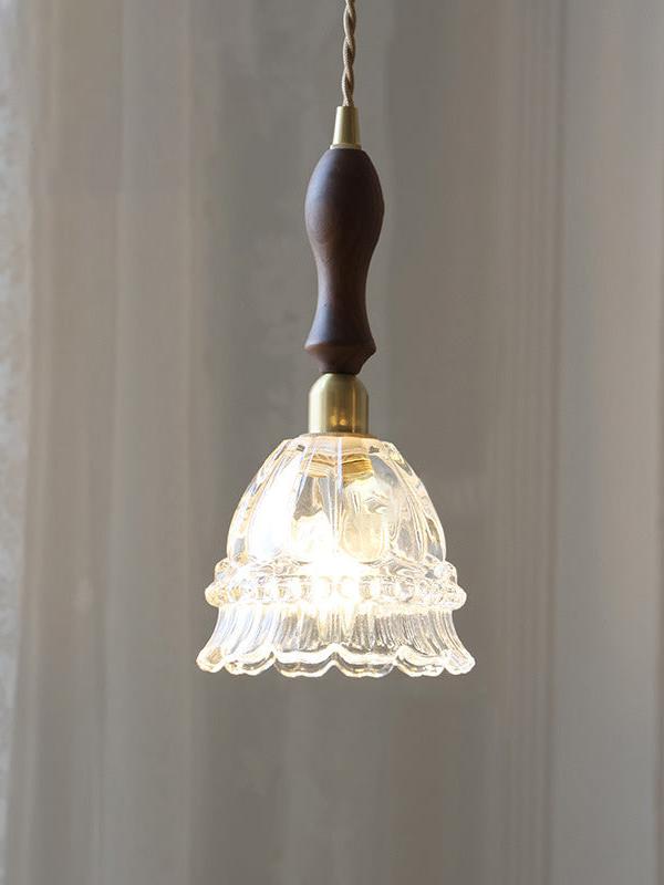 French Country Pendant Lamp Glass Shade Jellyfish Design Transparent or Amber with Walnut Handle Ambient Lighting Dining Room Elegant Ceiling Lamp - Lamylie