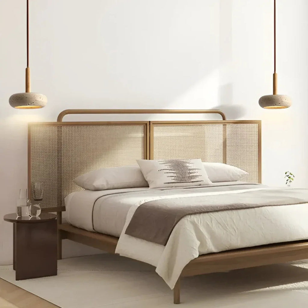 Travertine Hanging Light with Wooden Accent – Adjustable Cord, Warm Glow - Lamylie
