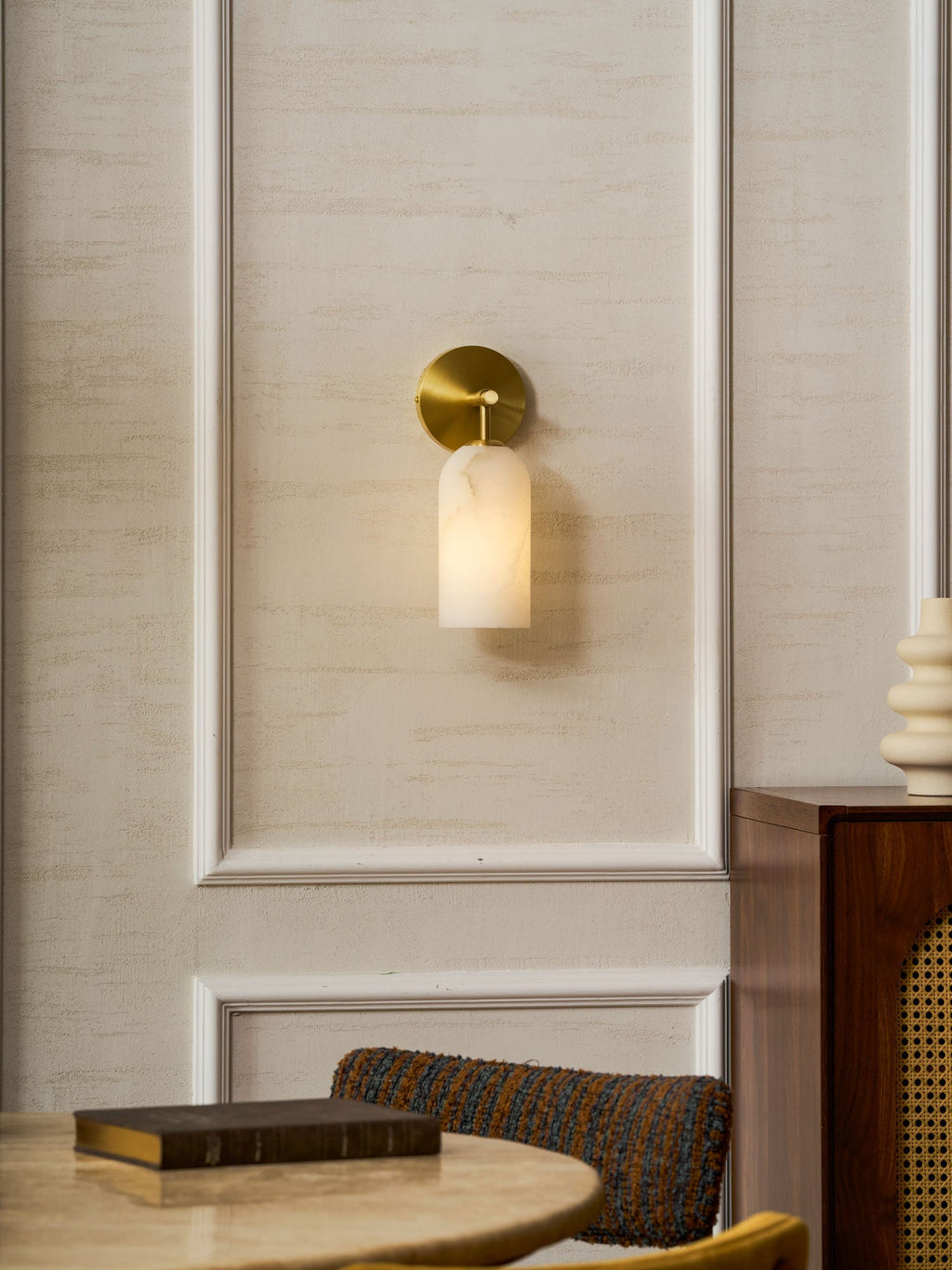 Alabaster Wall Lamp Cylindrical Minimalist Golden Fixture Warm Glow Lighting - Lamylie