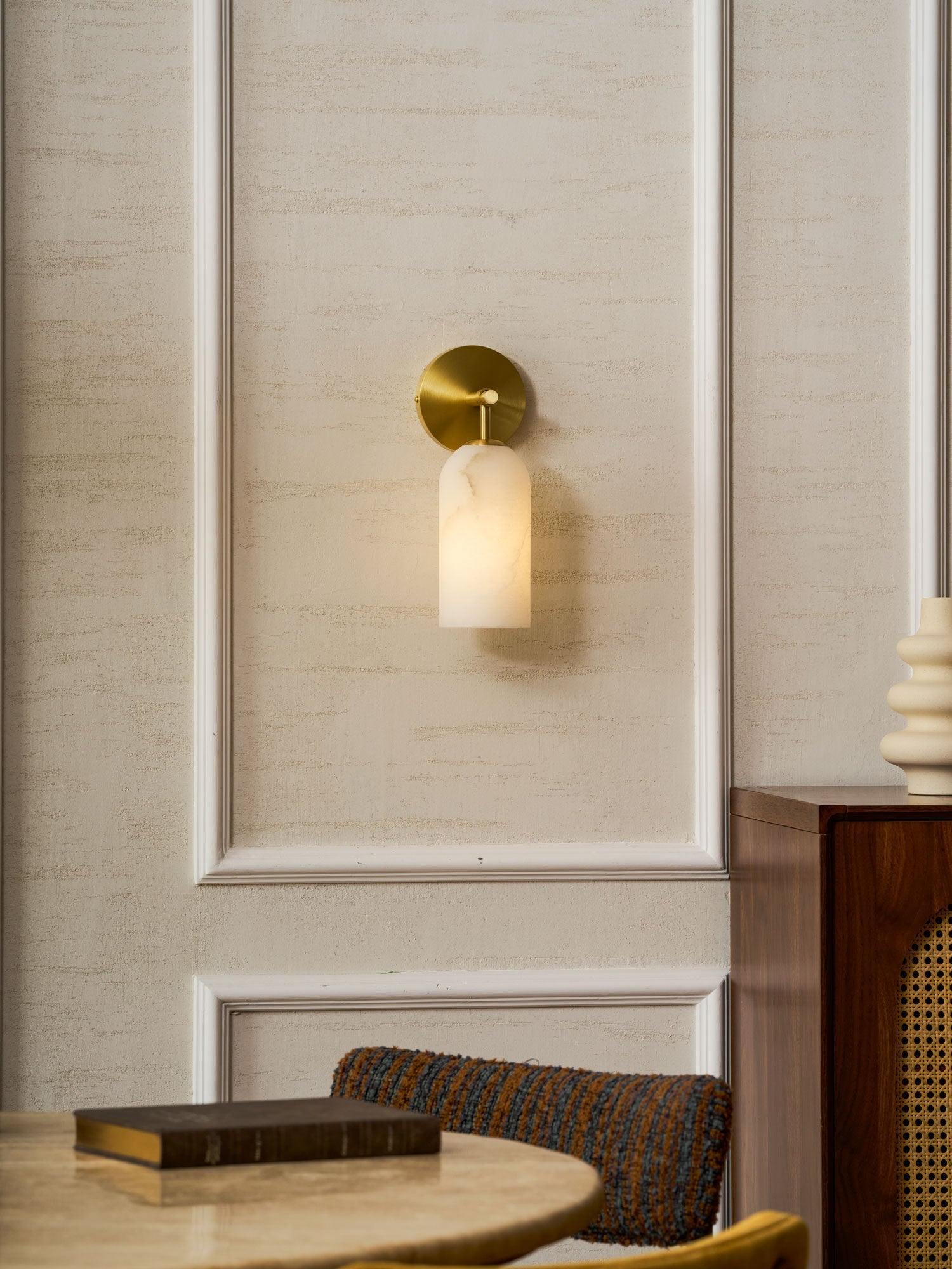 Alabaster Wall Lamp Cylindrical Minimalist Golden Fixture Warm Glow Lighting - Lamylie