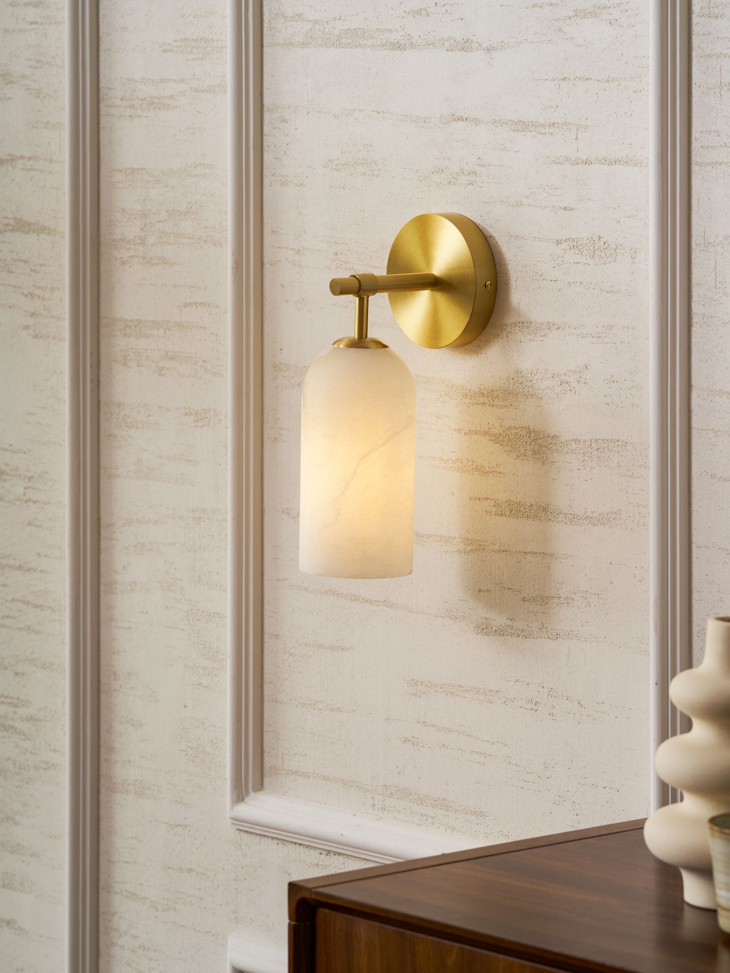 Alabaster Wall Lamp Cylindrical Minimalist Golden Fixture Warm Glow Lighting - Lamylie