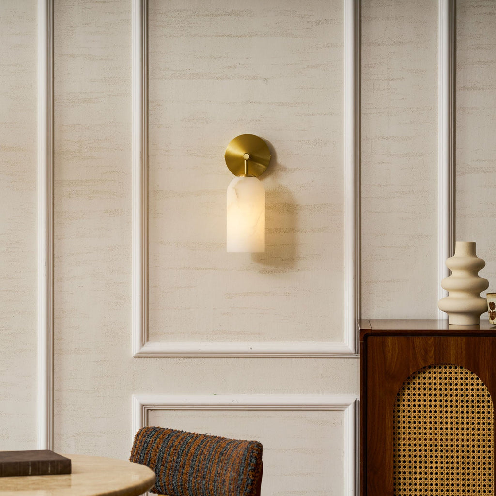 Alabaster Wall Lamp Cylindrical Minimalist Golden Fixture Warm Glow Lighting - Lamylie