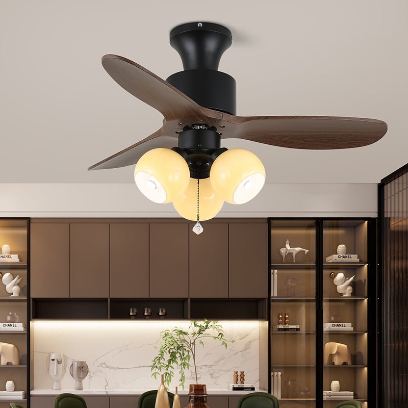Ventilateur de plafond vintage avec éclairage — Abat-jour en verre et pales effet bois — Ø91-106 cm - Lamylie