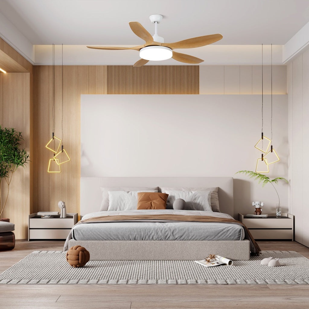 Mennyezeti ventilátor LED-világítással, 122/132 cm – DC-motor, 6 sebességfokozat, ABS-lapátok, természetes faerezetű felület, hidrografikus távirányító, 3 színhőmérséklet, integrált világítás, ventilátorfunkció, mennyezeti rögzítés – Lamylie