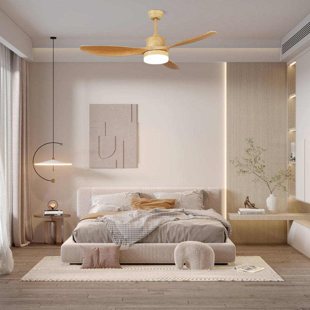 Mennyezeti ventilátor LED-világítással, 122/132 cm – DC-motor, 6 sebességfokozat, ABS-lapátok, természetes faerezetű felület, hidrografikus távirányító, 3 színhőmérséklet, integrált világítás, ventilátorfunkció, mennyezeti rögzítés – Lamylie