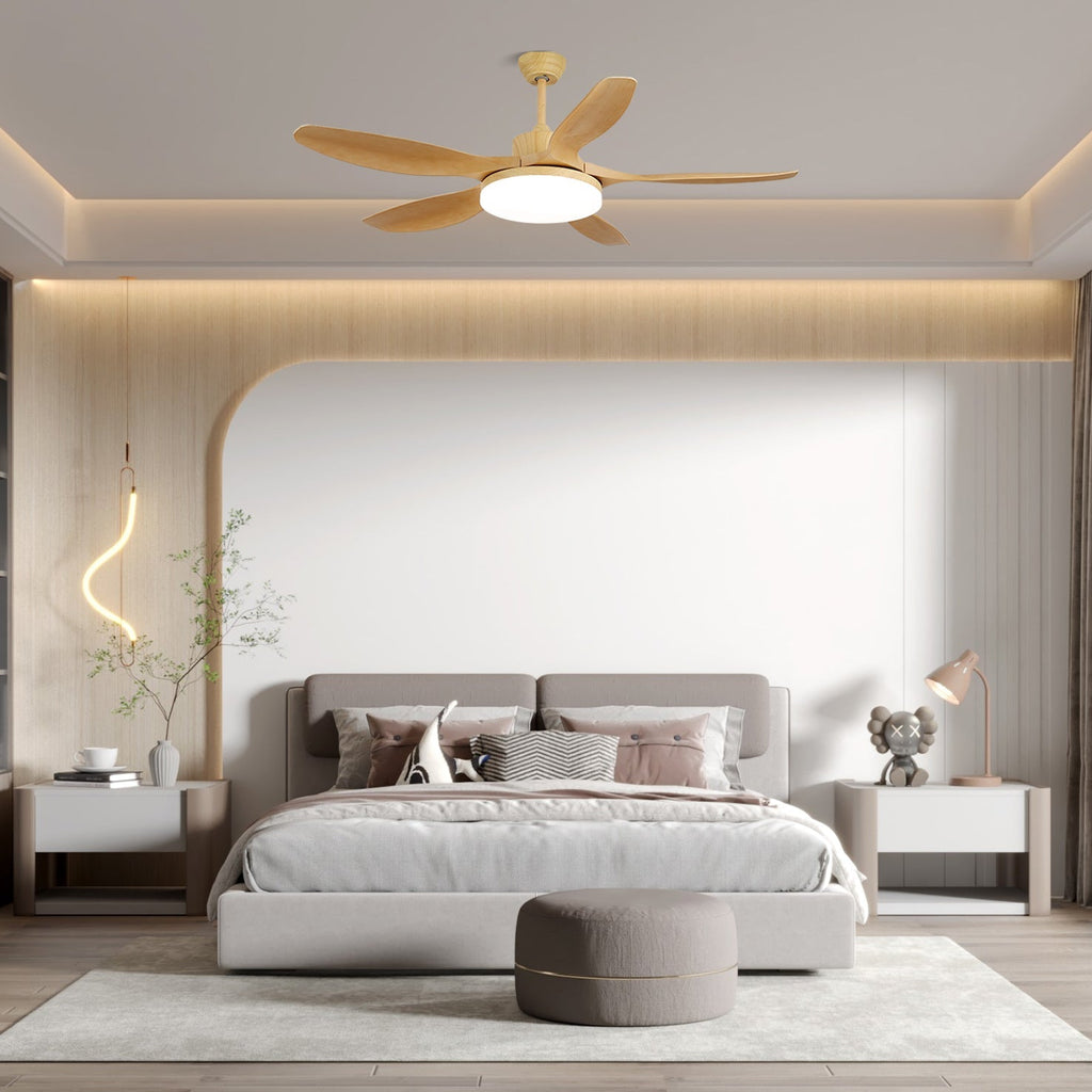 Mennyezeti ventilátor LED-világítással, 122/132 cm – DC-motor, 6 sebességfokozat, ABS-lapátok, természetes faerezetű felület, hidrografikus távirányító, 3 színhőmérséklet, integrált világítás, ventilátorfunkció, mennyezeti rögzítés – Lamylie