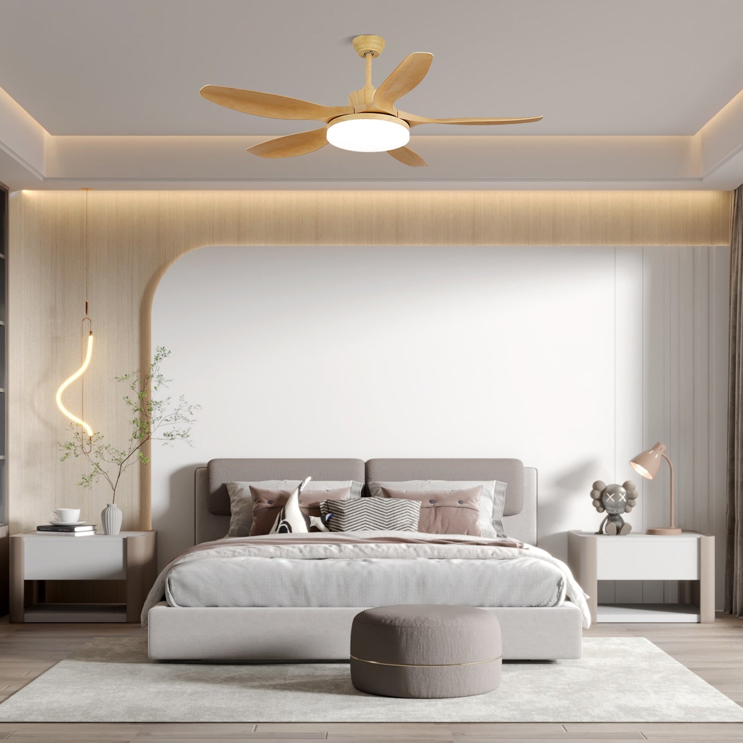 Mennyezeti ventilátor LED-világítással, 122/132 cm – DC-motor, 6 sebességfokozat, ABS-lapátok, természetes faerezetű felület, hidrografikus távirányító, 3 színhőmérséklet, integrált világítás, ventilátorfunkció, mennyezeti rögzítés – Lamylie