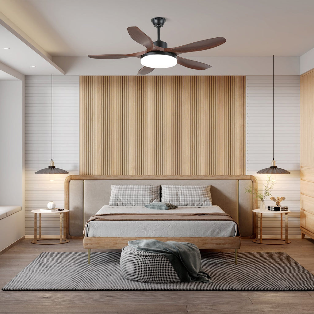 Mennyezeti ventilátor LED-világítással, 122/132 cm – DC-motor, 6 sebességfokozat, ABS-lapátok, természetes faerezetű felület, hidrografikus távirányító, 3 színhőmérséklet, integrált világítás, ventilátorfunkció, mennyezeti rögzítés – Lamylie