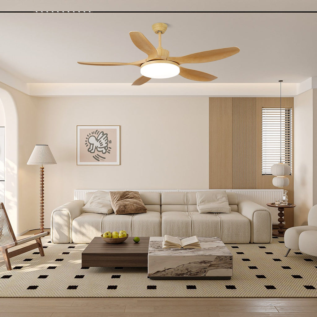 Mennyezeti ventilátor LED-világítással, 122/132 cm – DC-motor, 6 sebességfokozat, ABS-lapátok, természetes faerezetű felület, hidrografikus távirányító, 3 színhőmérséklet, integrált világítás, ventilátorfunkció, mennyezeti rögzítés – Lamylie