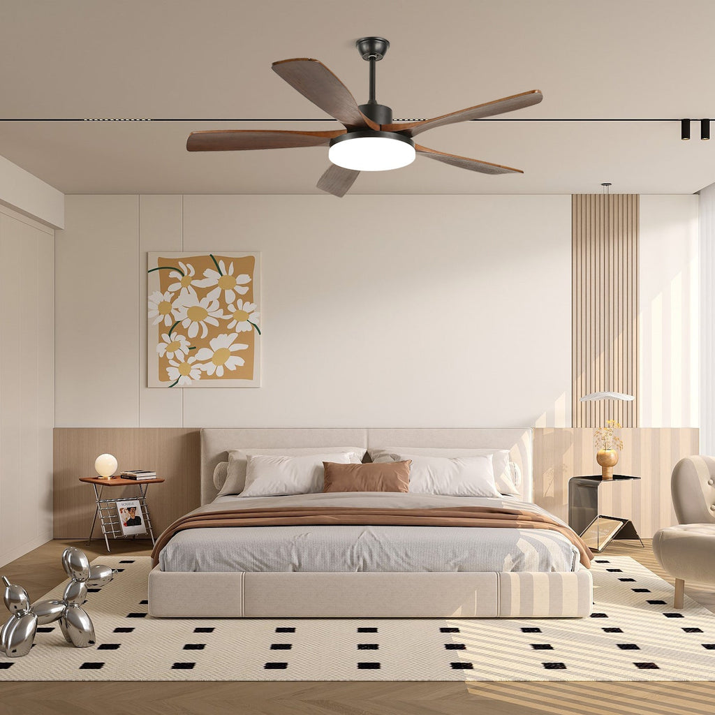 Mennyezeti ventilátor LED-világítással, 122/132 cm – DC-motor, 6 sebességfokozat, ABS-lapátok, természetes faerezetű felület, hidrografikus távirányító, 3 színhőmérséklet, integrált világítás, ventilátorfunkció, mennyezeti rögzítés – Lamylie