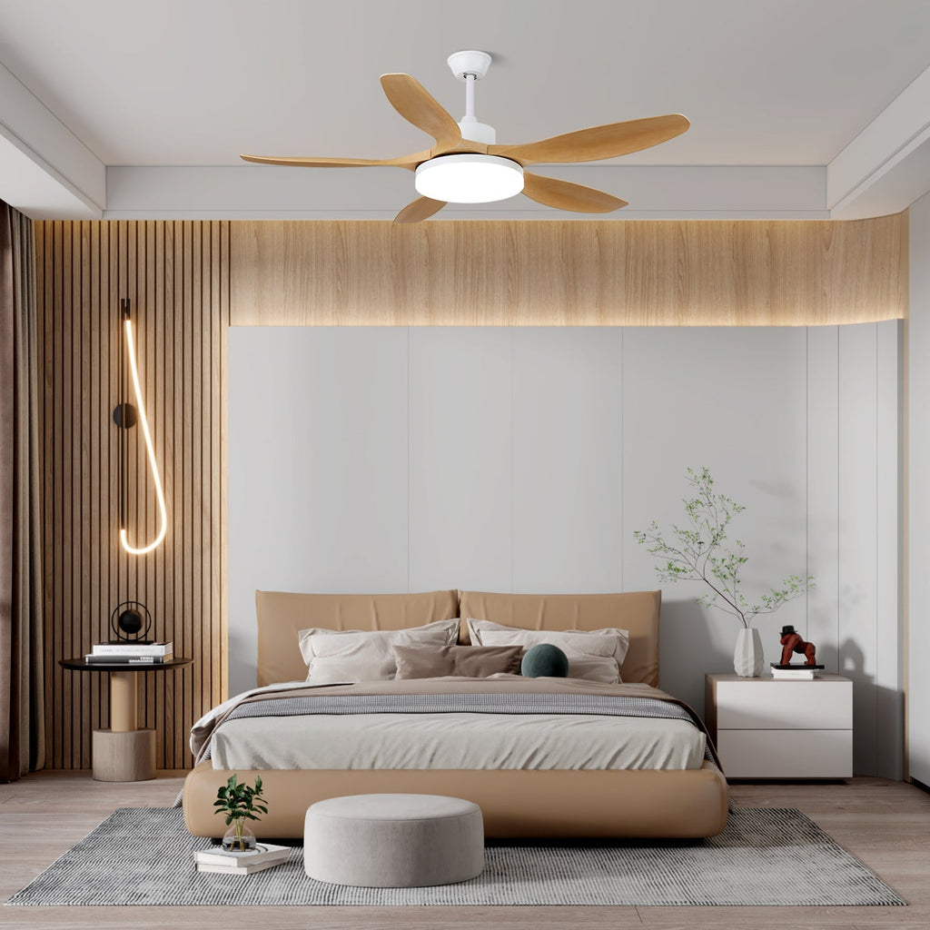 Mennyezeti ventilátor LED-világítással, 122/132 cm – DC-motor, 6 sebességfokozat, ABS-lapátok, természetes faerezetű felület, hidrografikus távirányító, 3 színhőmérséklet, integrált világítás, ventilátorfunkció, mennyezeti rögzítés – Lamylie