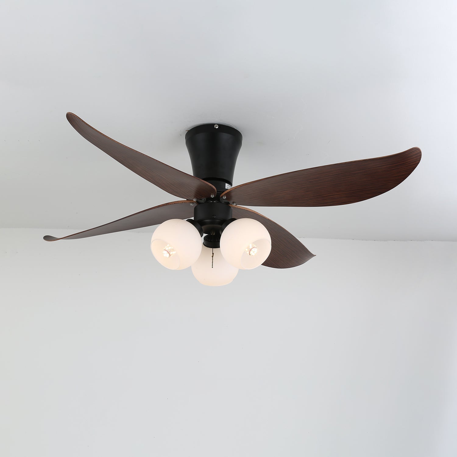 Ventilator de tavan scandinav cu iluminare, design din lemn și sticlă, 90 cm – Lamylie