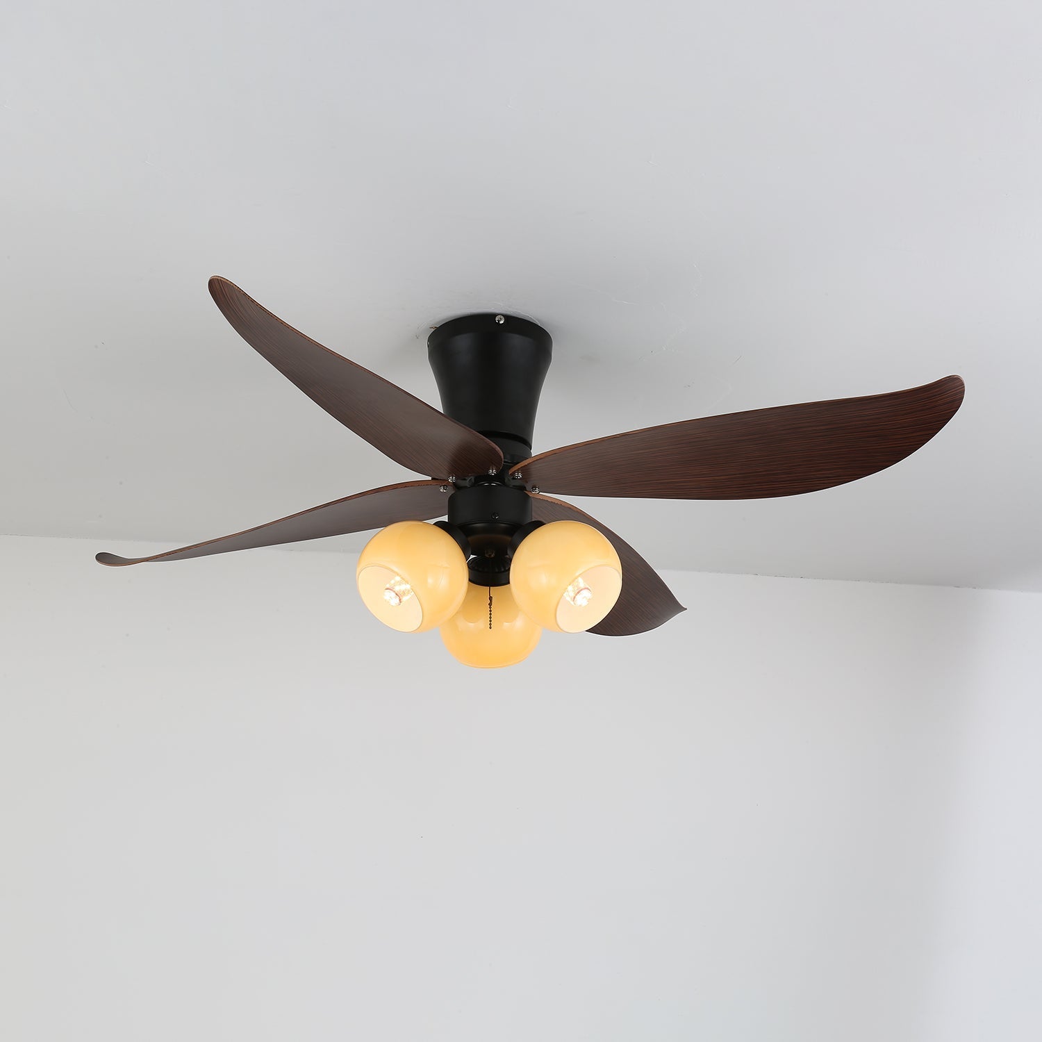 Ventilator de tavan scandinav cu iluminare, design din lemn și sticlă, 90 cm – Lamylie